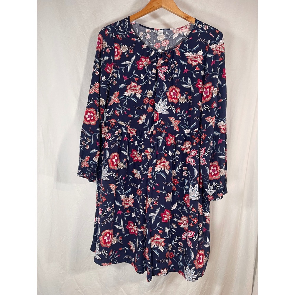 Old Navy Womens Navy Blue Red Floral Long Sleeve Babydoll Mini Dress Large